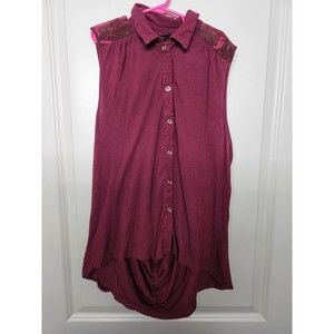 Iris Women Extra Large Red Tunic Embellished Sleeveless Hem Casual Button Up Top